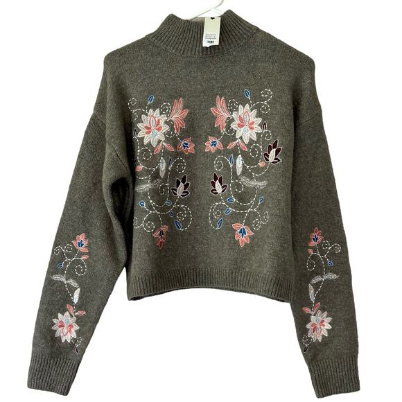 New June & Ivy cropped knit sweater embroidered flowers mock neck bohemian L - Picture 4 of 13